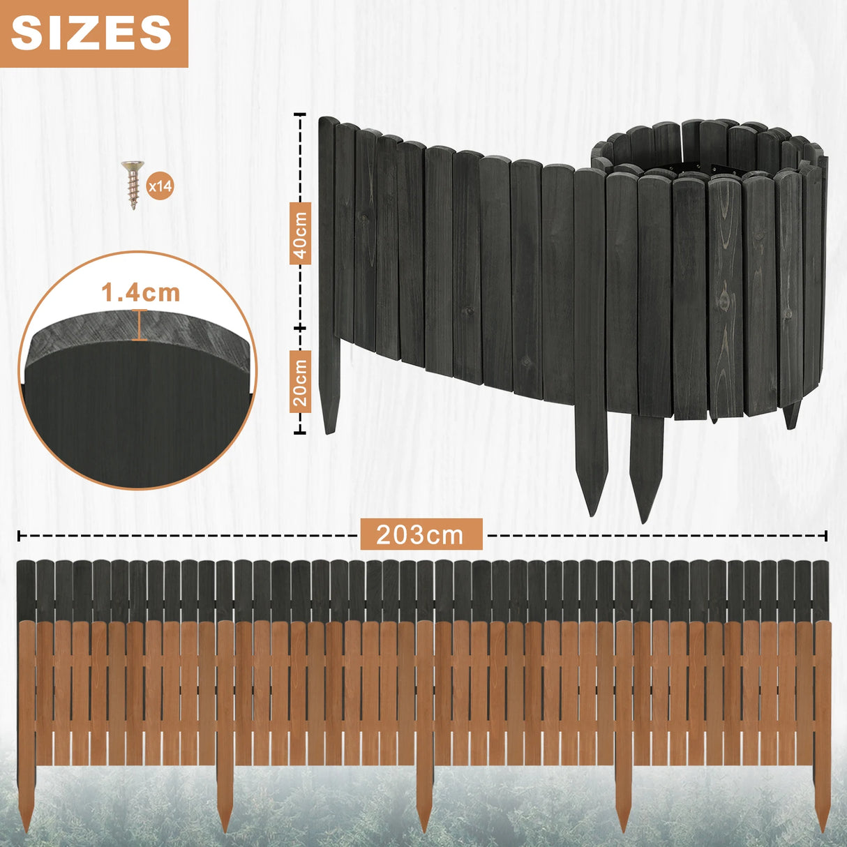 Flexibele houten gazonrand van FSC Dennenhout, 203cm lang, door BukkitBow voor defines en decoratie in de tuin.