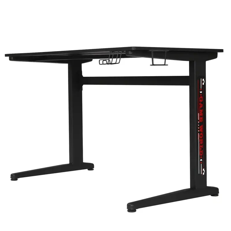 BukkitBow ergonomisch gaming bureau met bekerhouder en koptelefoonhaak, afmetingen 115x60cm, zwart en modern design
