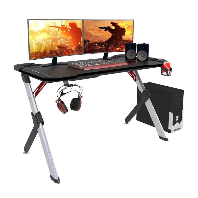 BukkitBow gaming bureau met bekerhouder, headsetstand en RGB-verlichting, afmetingen 116,5x56,5x73 cm, zwart en modern ontwerp