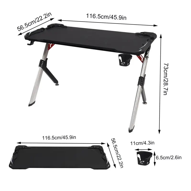 BukkitBow gaming bureau met bekerhouder, headsetstand en RGB-verlichting, zwart, afmetingen 116,5x56,5x73 cm, voor gamelaptops en accessoires.