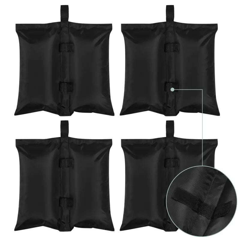 Set van 4 zwarte zandzakken van 37x34 cm voor partytent, parasol en tuinmeubilair van BukkitBow, stevig en geschikt voor stabiliteit.