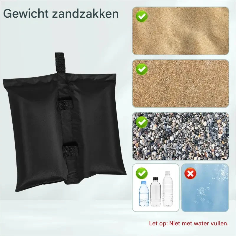 Set van 4 zwarte zandzakken voor partytent, parasol en tuinmeubilair, 37x34 cm, gemaakt door BukkitBow.