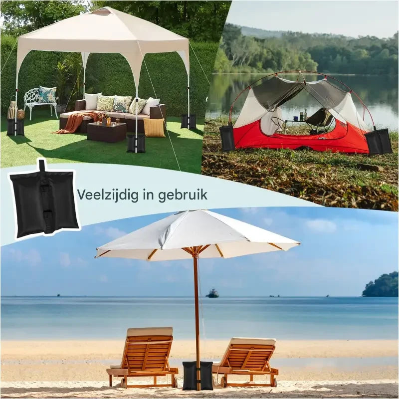 Set van 4 zwarte zandzakken van BukkitBow, 37x34 cm, geschikt voor partytent, parasol en tuinmeubilair.