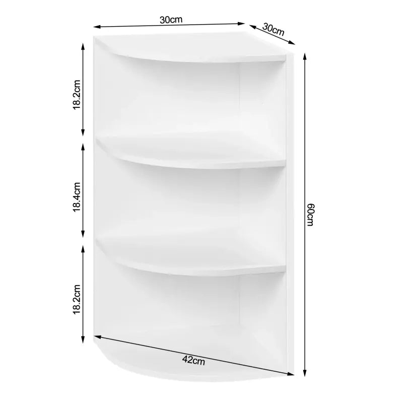 Witte BukkitBow hangende hoekboekenkast met vier open planken, ruimtebesparend en veelzijdig voor woonruimte.