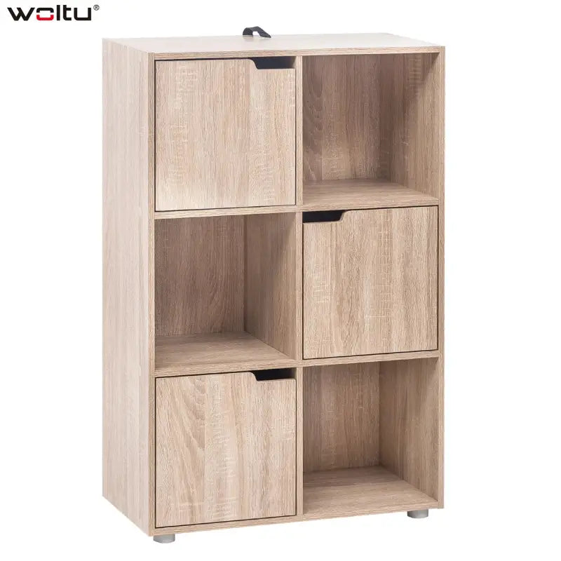 BukkitBow hoekboekenkast met deuren en 6 kubussen in compact formaat, 59,7x29,7x91 cm, houten meubel voor boeken en decor.