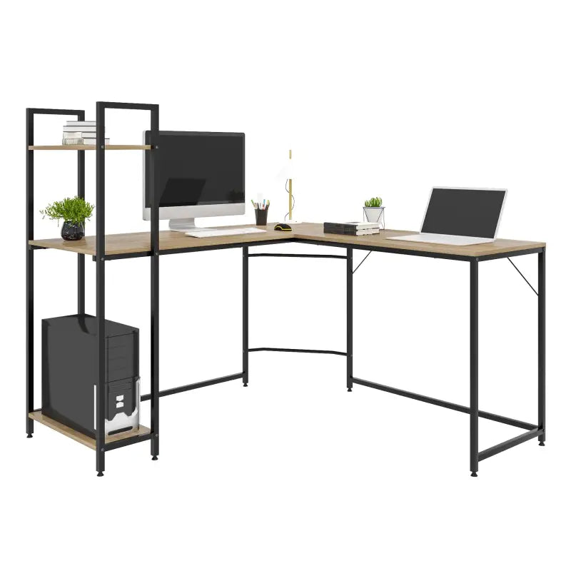 BukkitBow hoekbureau met opbergvakken, licht eiken en zwart, spaanplaat en stalen buizen, afmetingen 138x50cm en 88x50cm.