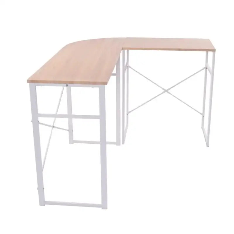 BukkitBow hoekbureau met ronde bocht, stevig hout en wit stalen frame, afmetingen 83x40cm en 63x40cm, geschikt voor kantoor.