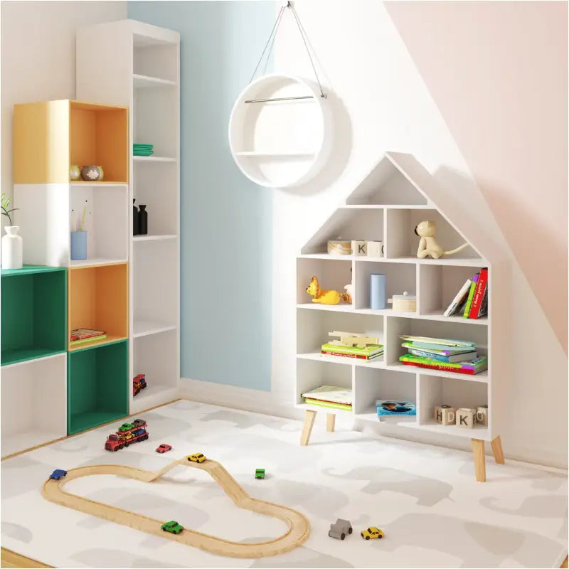 Huisvormige kinderboekenkast van BukkitBow, sterk grenenhout met 11 vakken, afmetingen 80x116x24 cm, geschikt voor kinderkamers