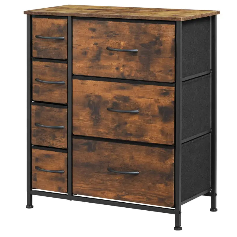 Industrieel dressoir BukkitBow met 7 stoffen laden, hout, metaal en stof, rustiek bruin en zwart, 63,5x30x73 cm voor veelzijdige opslag.