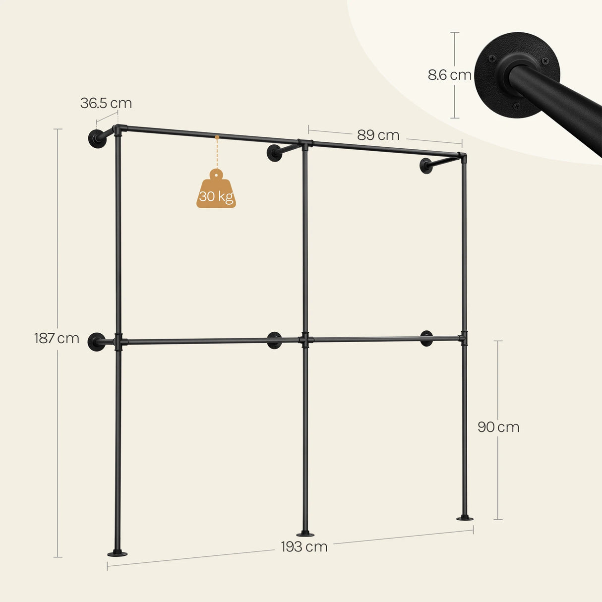 Industrieel open kledingrek van BukkitBow, wandmontage, metalen frame voor het ophangen van kleding.