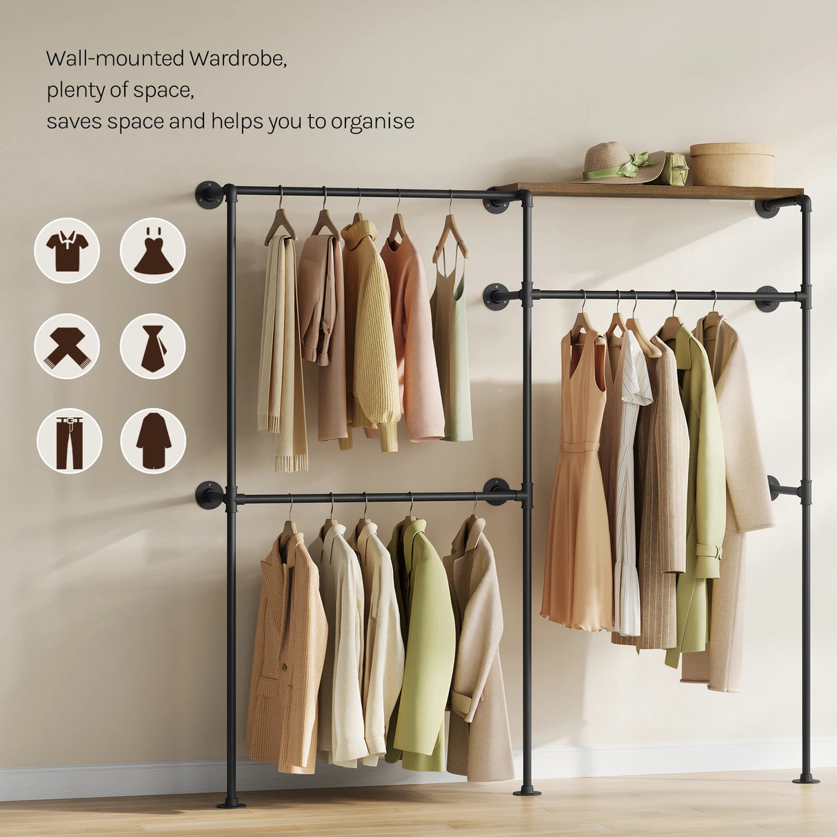 Industrieel open kledingrek van BukkitBow met wandmontage en metalen frame, geschikt voor moderne interieur- en garderobetoepassingen