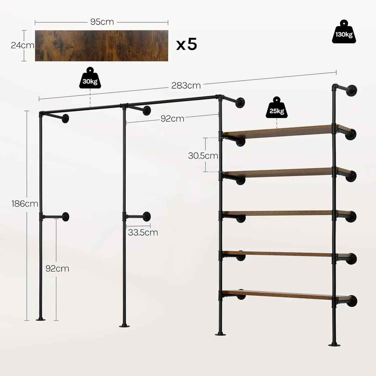 Industrieel wandmontage kledingrek van BukkitBow, open metalen ontwerp voor kledingopslag en decoratie.