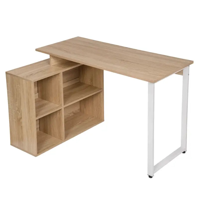 BukkitBow industrieel bureau met 4 opbergvakken, wit, licht eiken en donker beuken hout, multifunctioneel design, 118x50cm