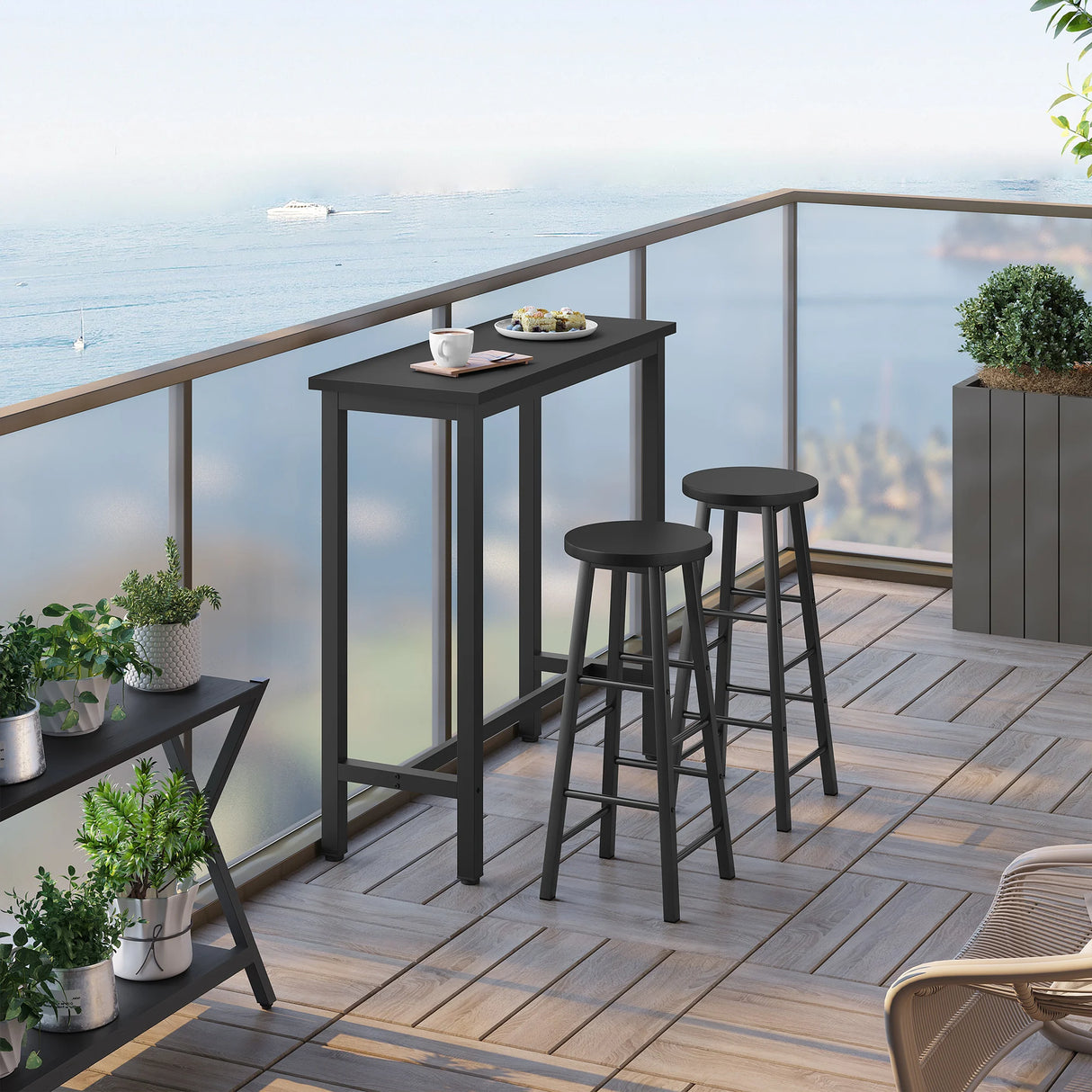 Industriële BukkitBow bartafel met metalen frame, 100cm hoog, stevige houten blad, moderne design voor eet- of barruimte.