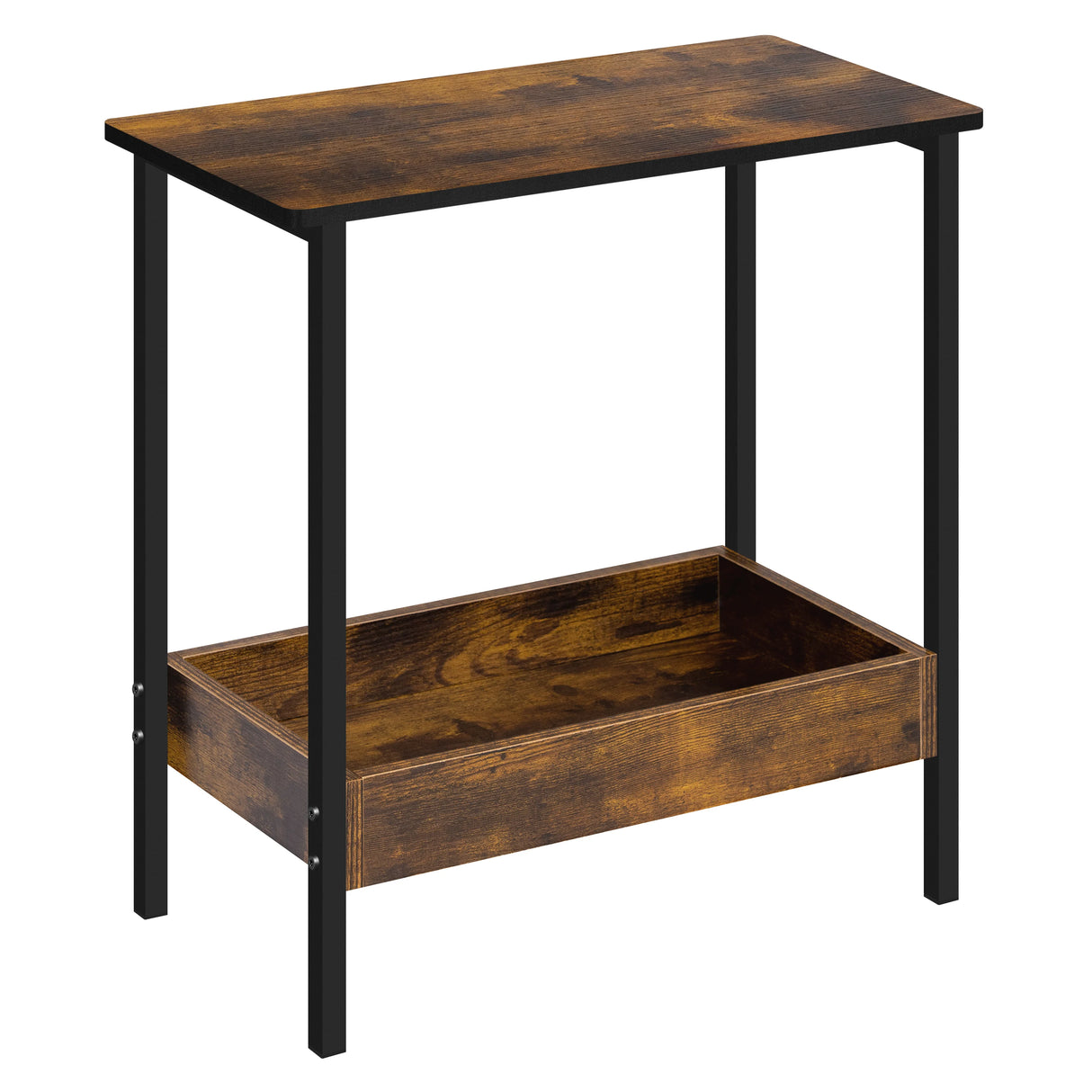 Industriële BukkitBow bijzettafel met twee niveaus en opstaande rand, zwart metalen frame en houten bladen.