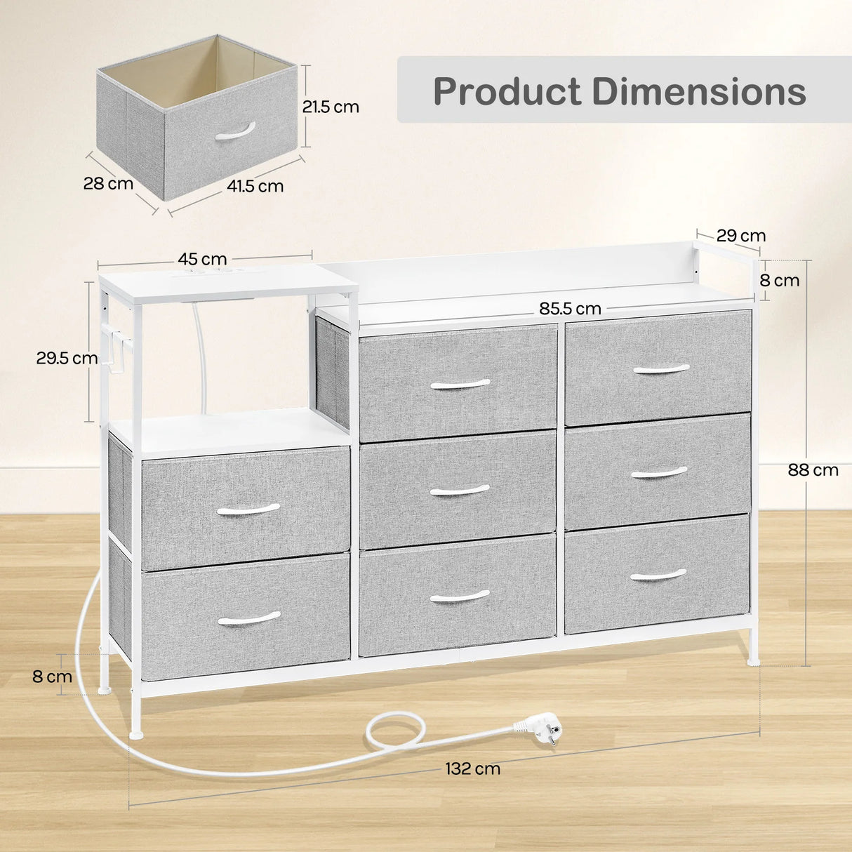 BukkitBow industriële commode met 8 laden en ingebouwd stopcontact, modern dressoir in zwart met metalen handvatten