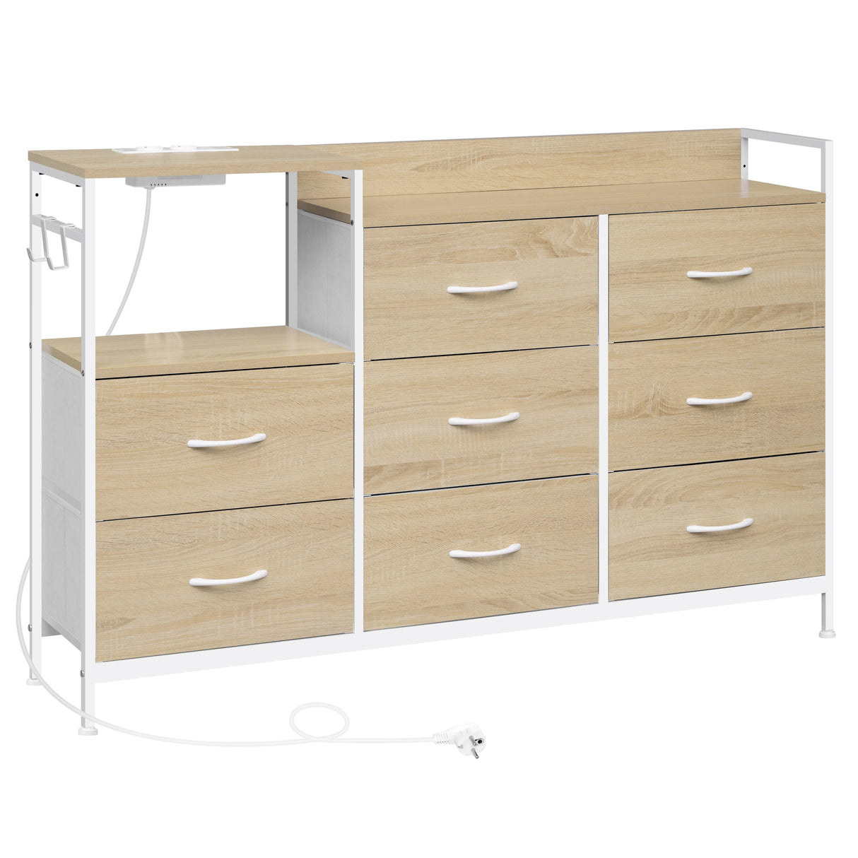 Industriële BukkitBow dressoir met 8 laden en ingebouwd stopcontact, van donker hout met metalen handgrepen.