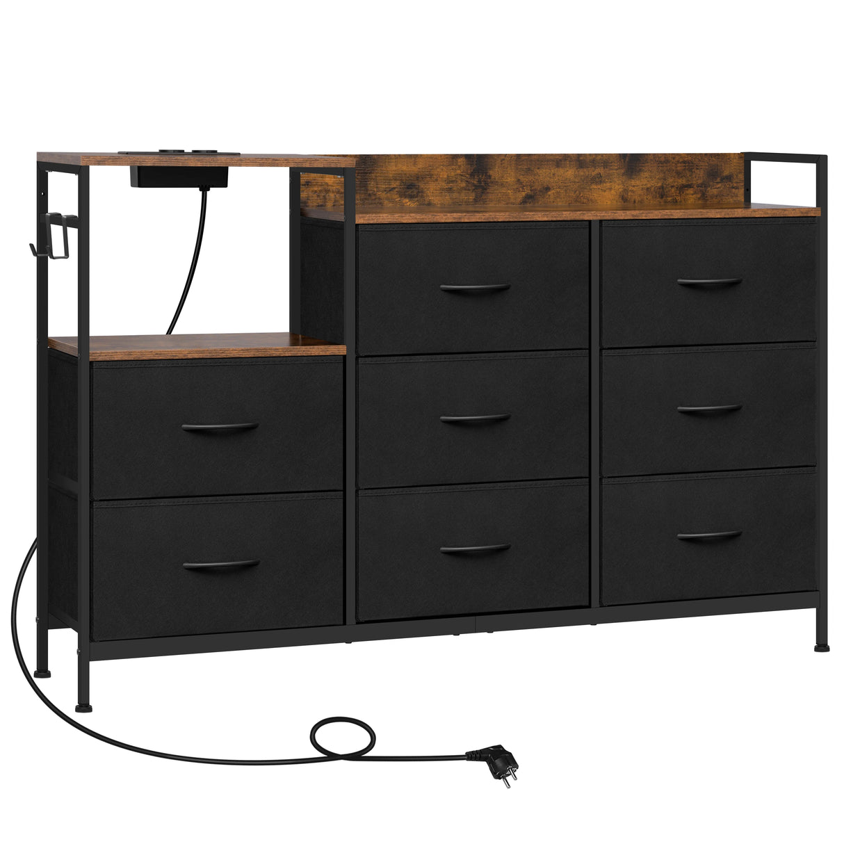 Industriële BukkitBow commode met 8 laden en ingebouwd stopcontact, houten afwerking en metalen handvatten.