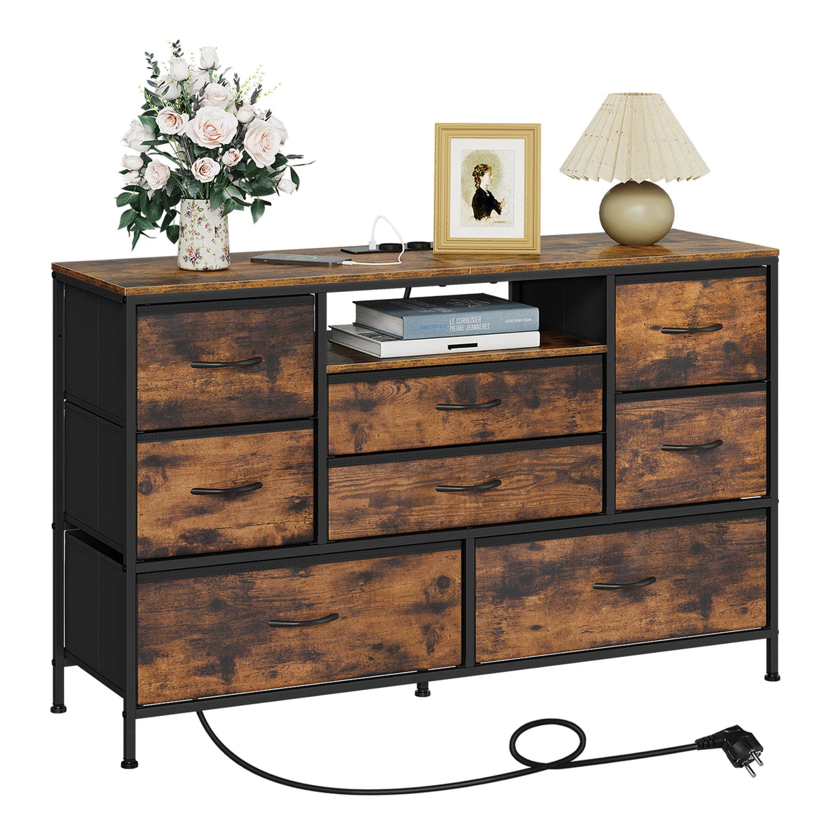 Industriële BukkitBow commode met 8 laden, stopcontacten en LED-verlichting, modern dressoir voor woonkamer of kantoor