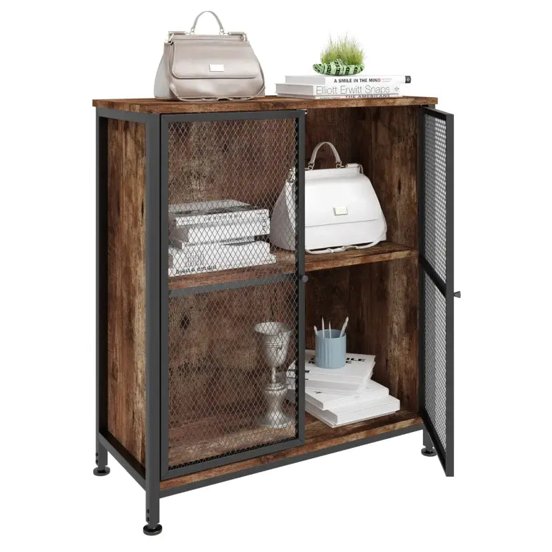 Industriële BukkitBow dressoir van staal en hout, 70x30x80cm met ruime opbergruimte en eenvoudig te monteren.