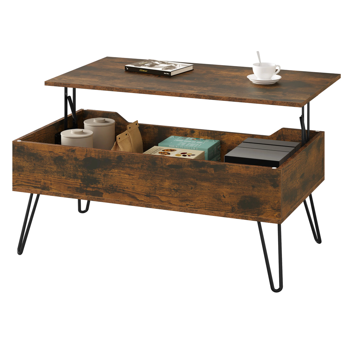 Industriële BukkitBow salontafel met liftfunctie en verborgen opbergruimte, modern design en stevige constructie.