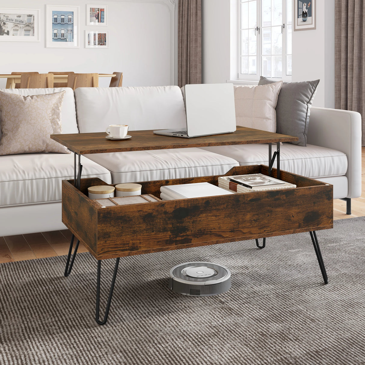 Industriële BukkitBow salontafel met liftfunctie en verborgen opbergruimte, modern design, houten oppervlak en metalen frame.