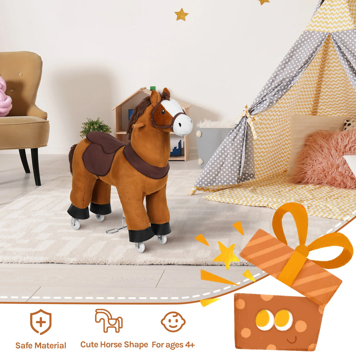 Interactief pluche rijpaard van BukkitBow met geluid en wielen, geschikt als hobbypaard speelgoed voor kinderen.