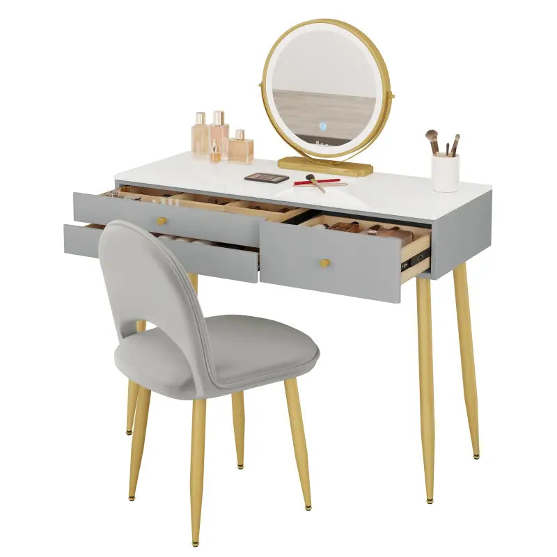 BukkitBow make-up tafel met ronde LED spiegel, 3 grote laden, inclusief stoel, afmetingen 100x80x40cm, voor een stijlvolle schoonheidshut.