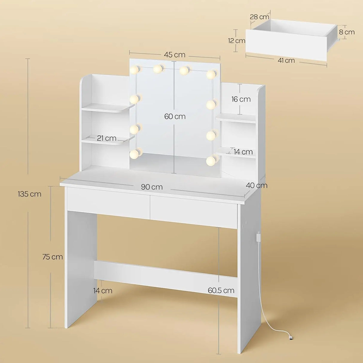 BukkitBow kaptafel met massief hout en kunststof, LED spiegel, geschikt voor slaapkamer, stijlvolle en functionele meubel.