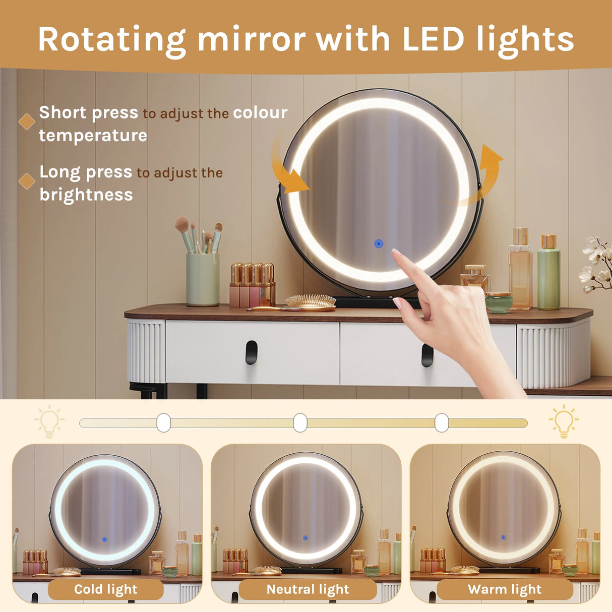 BukkitBow kaptafel met LED-verlichting, 360° draaibare spiegel en verstelbare zijkast voor slaapkamer make-uptafel