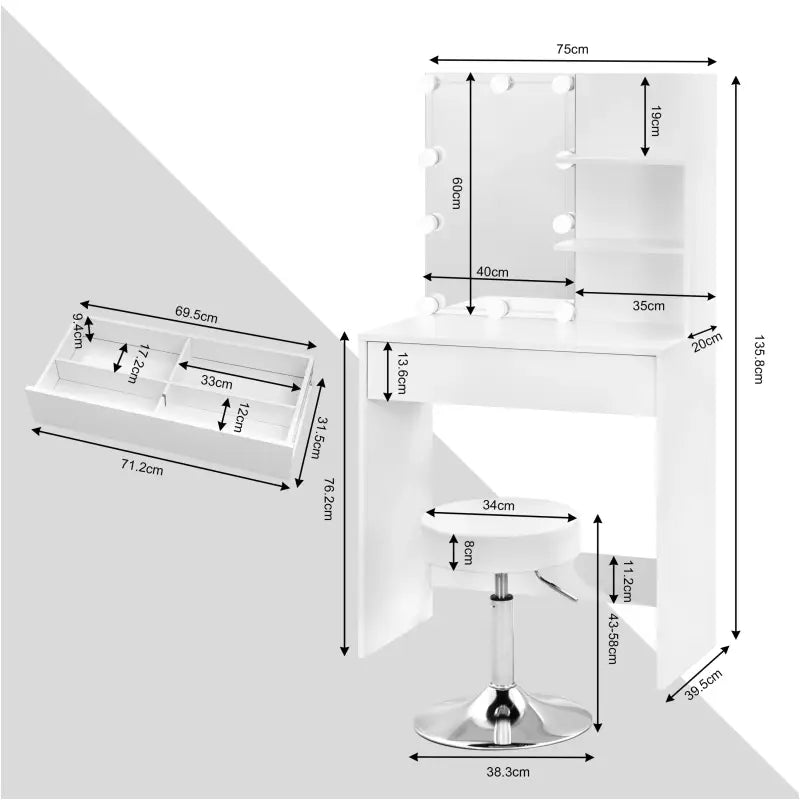BukkitBow Kaptafel set met verstelbare kruk, LED-verlichting en spiegel, geschikt voor make-up en hairstyling.
