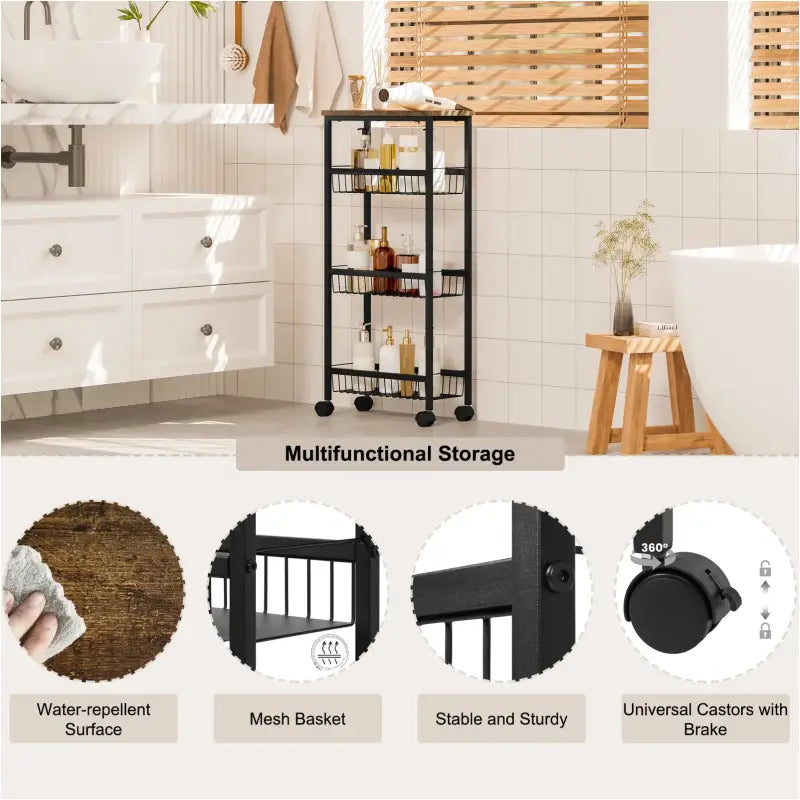BukkitBow keukentrolley met 4 niveaus, zwart vintage houtlook, MDF en metaal, verplaatsbaar en ruimtebesparend, 40x87x20 cm