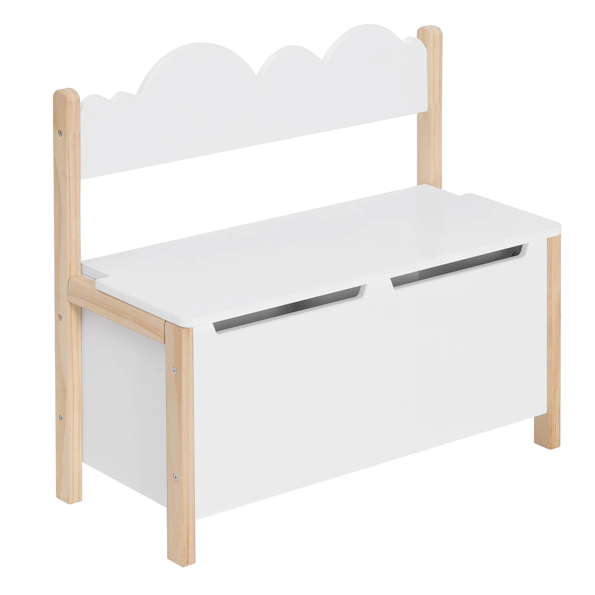 Wit houten kinderbankje BukkitBow met opbergruimte, 60 cm breed, geschikt als speelgoedkist en zitbank voor kinderen.
