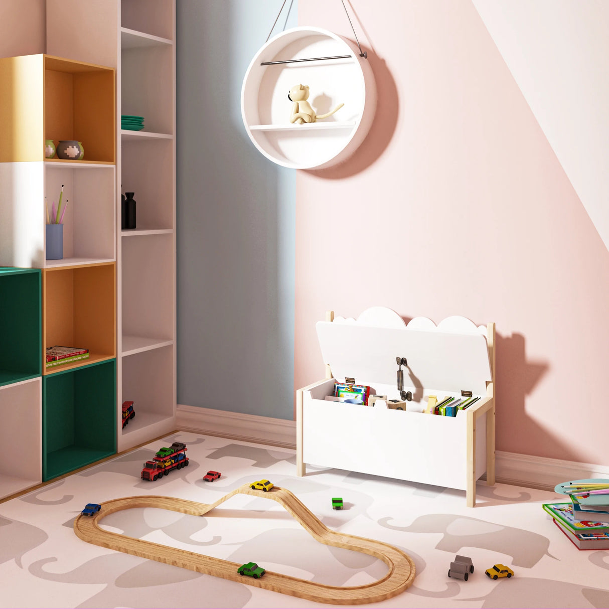 Wit houten kinderbankje BukkitBow met opbergruimte, 60 cm breed, geschikt als speelgoedkist en zitbank voor kinderen.