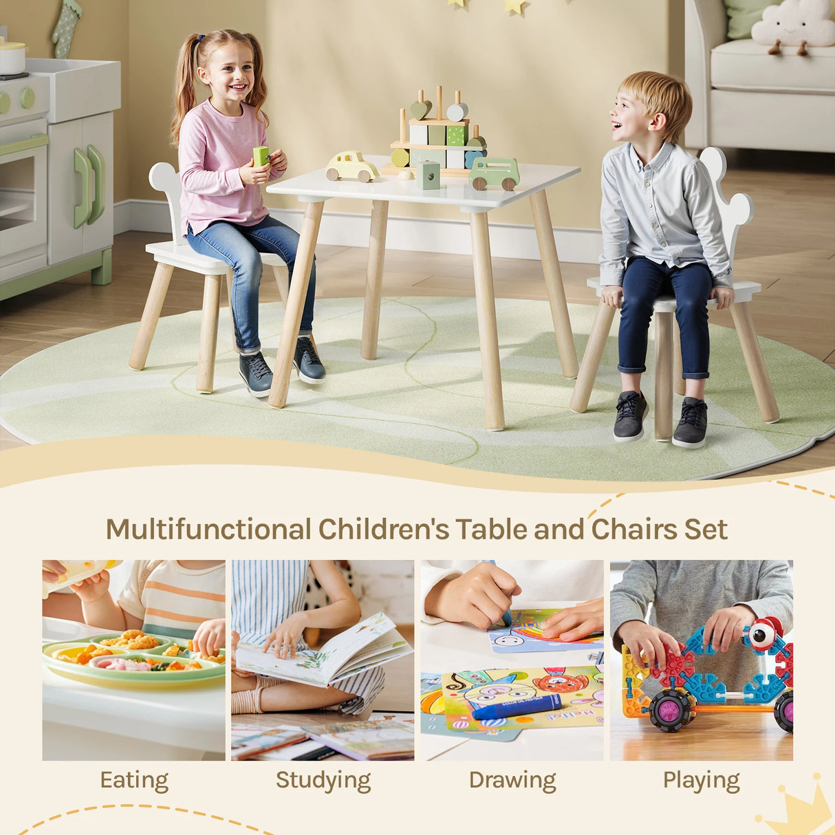 Houten kindertafel van BukkitBow met twee stoelen, Montessori-speelset voor kinderen, natuurlijke houten afwerking.