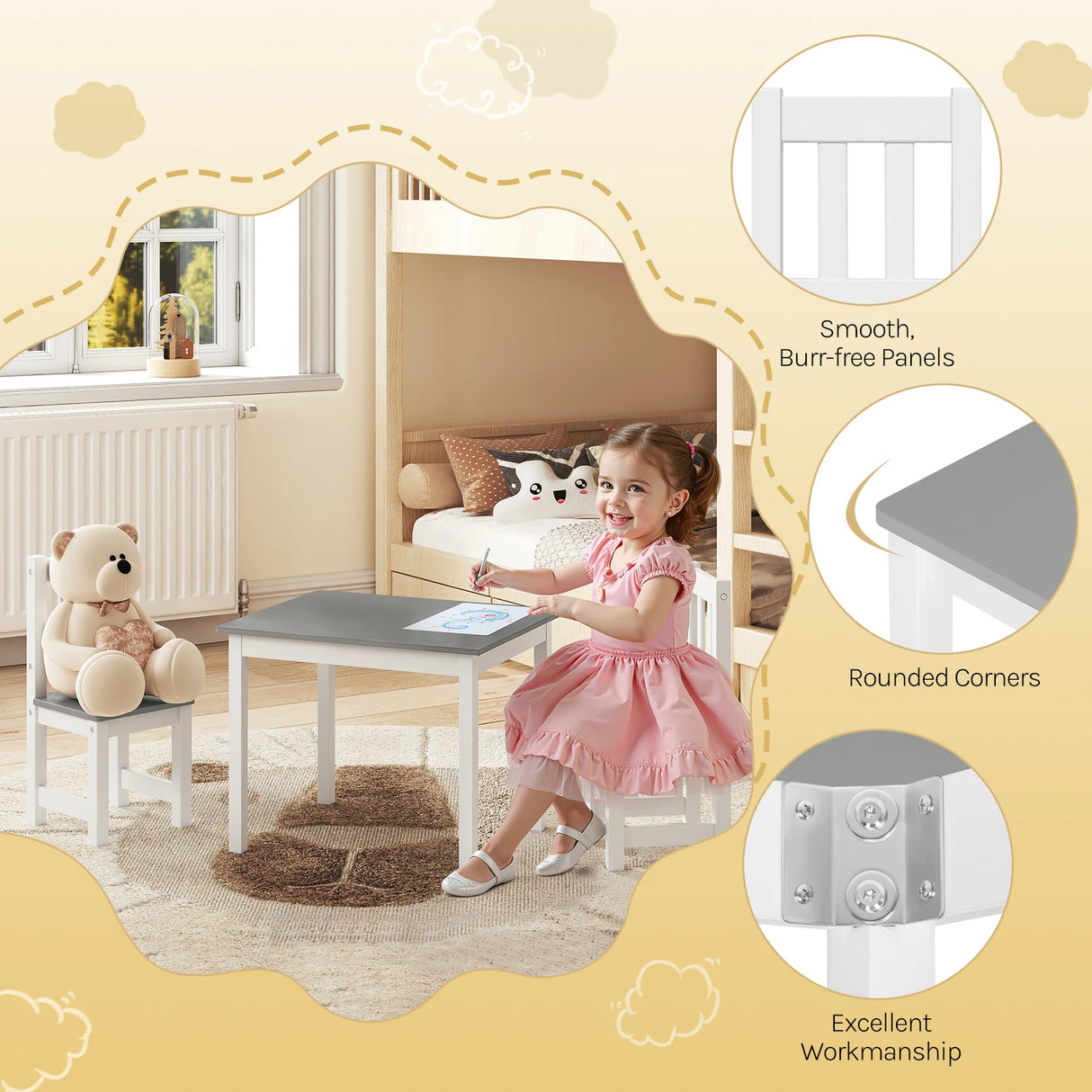 Houten kindertafel met 2 stoeltjes van BukkitBow, geschikt voor kinderkamer, speeltafel voor kinderen vanaf 2 jaar.