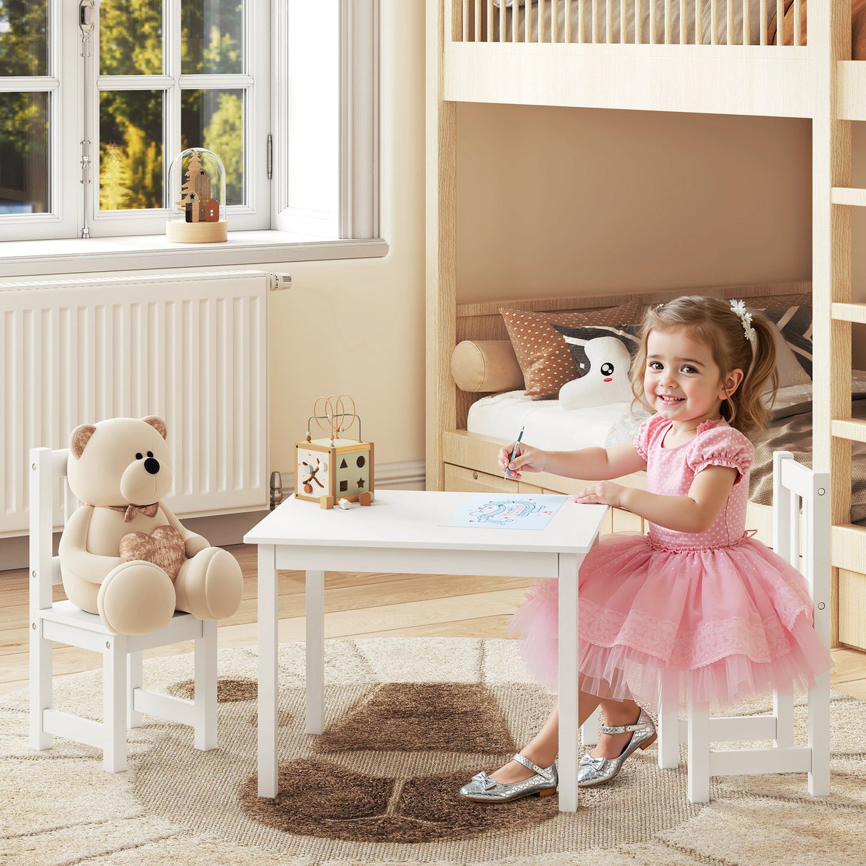 BukkitBow houten kindertafel met 2 stoeltjes, speeltafel voor kinderkamer, geschikt vanaf 2 jaar, gezellige zitgroep voor kinderen
