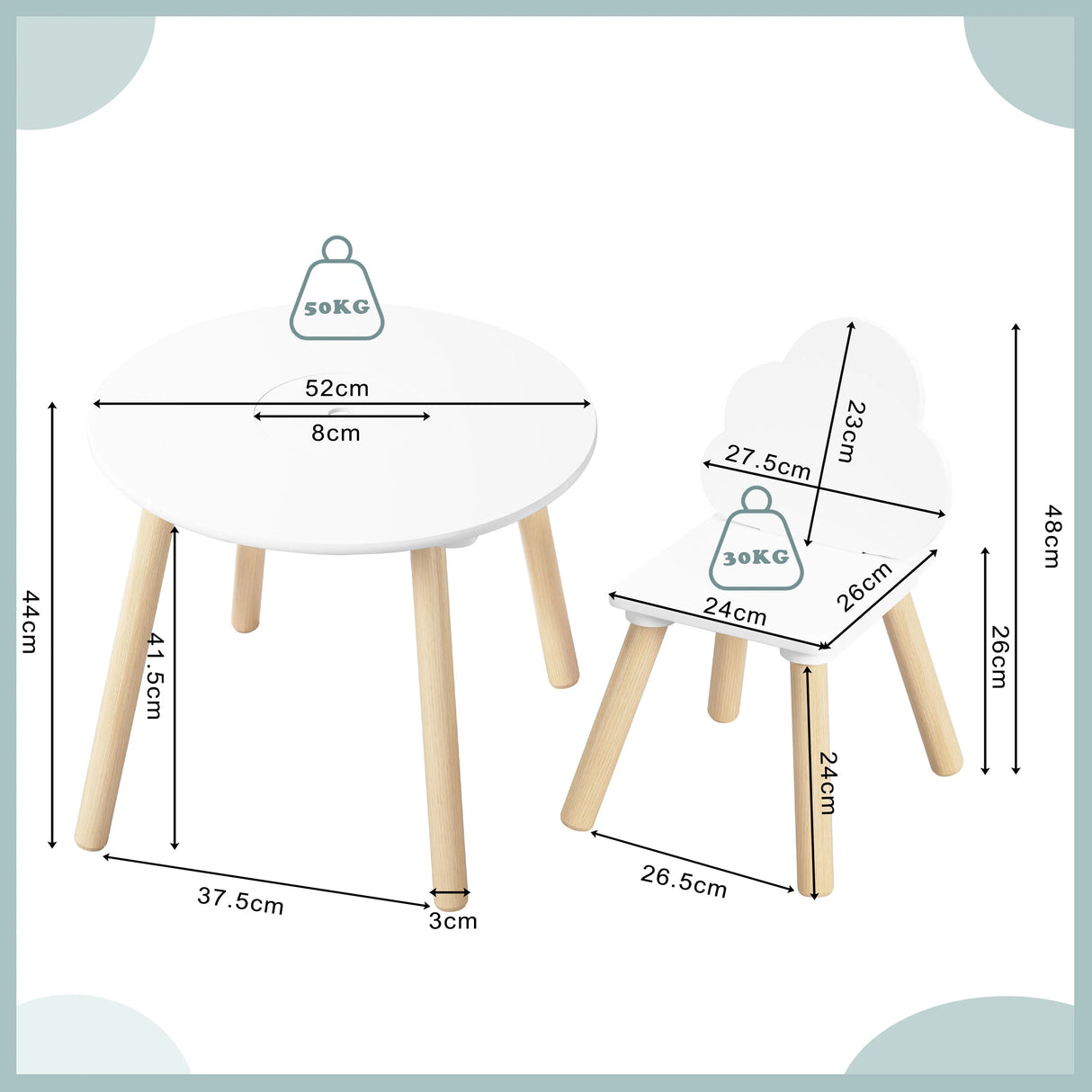 BukkitBow kindertafel met 2 bijpassende stoeltjes, wit met wolk ontwerp, geschikt voor peuters en kleuters, speeltafel voor kinderen