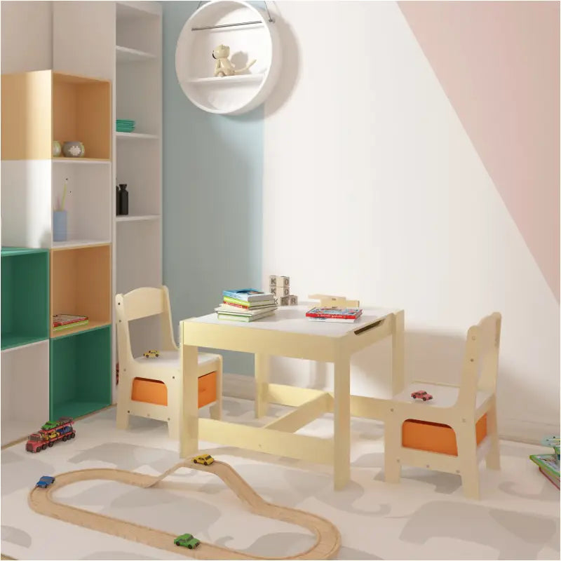 BukkitBow kindermeubelset met tafel en stoelen, inclusief opbergmanden, duurzame en veilige kindertafel van 60x60x48 cm.
