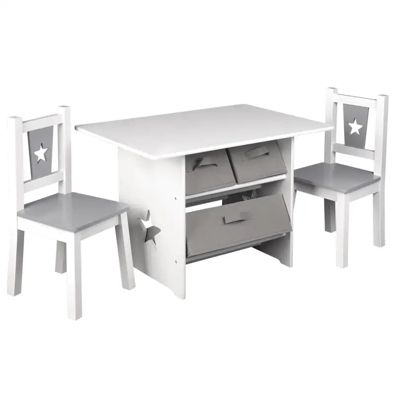 BukkitBow kindertafel met stoelen, wit en grijs, inclusief drie opbergmanden, afmetingen 72x49x50cm, kinderspeelruimtameubelset