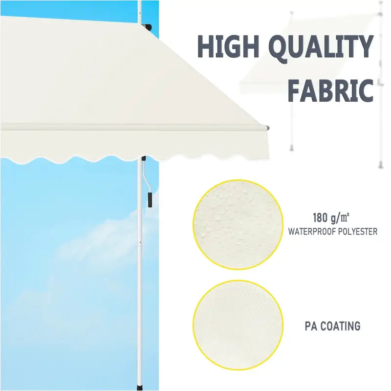BukkitBow muur luifel in polyester met PA-coating, UV-bescherming, verstelbare hoogte en kantelhoek, ideale zonwering voor buiten.