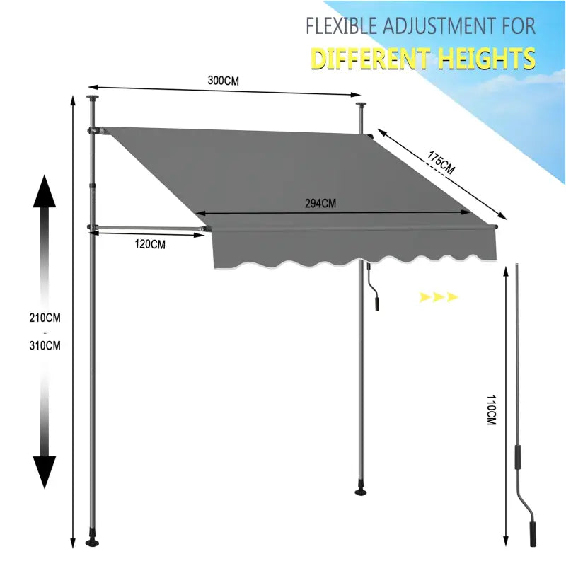 BukkitBow Klemluifel muur-luifel van polyester met PA-coating, UV-bescherming, verstelbare hoogte en kantelhoek, zonwering.