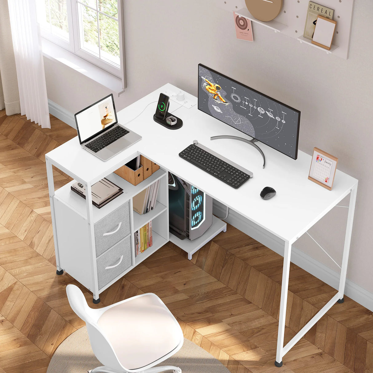L-vorm BukkitBow bureau van hout en metaal met USB-poort, modern hoekbureau voor thuis of kantoor, stijlvol en functioneel