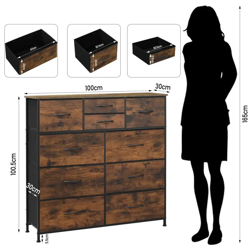 BukkitBow ladekast met 10 stoffen lades, hout, metaal en non-woven stof, vintage industrieel ontwerp, rustiek bruin en zwart.