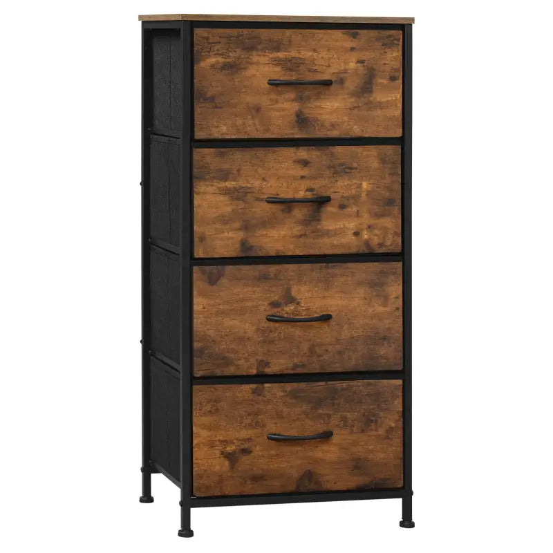 BukkitBow ladekast met 4 stoffen lades, hout en metaal, vintage industrieel ontwerp in rustiek bruin en zwart.