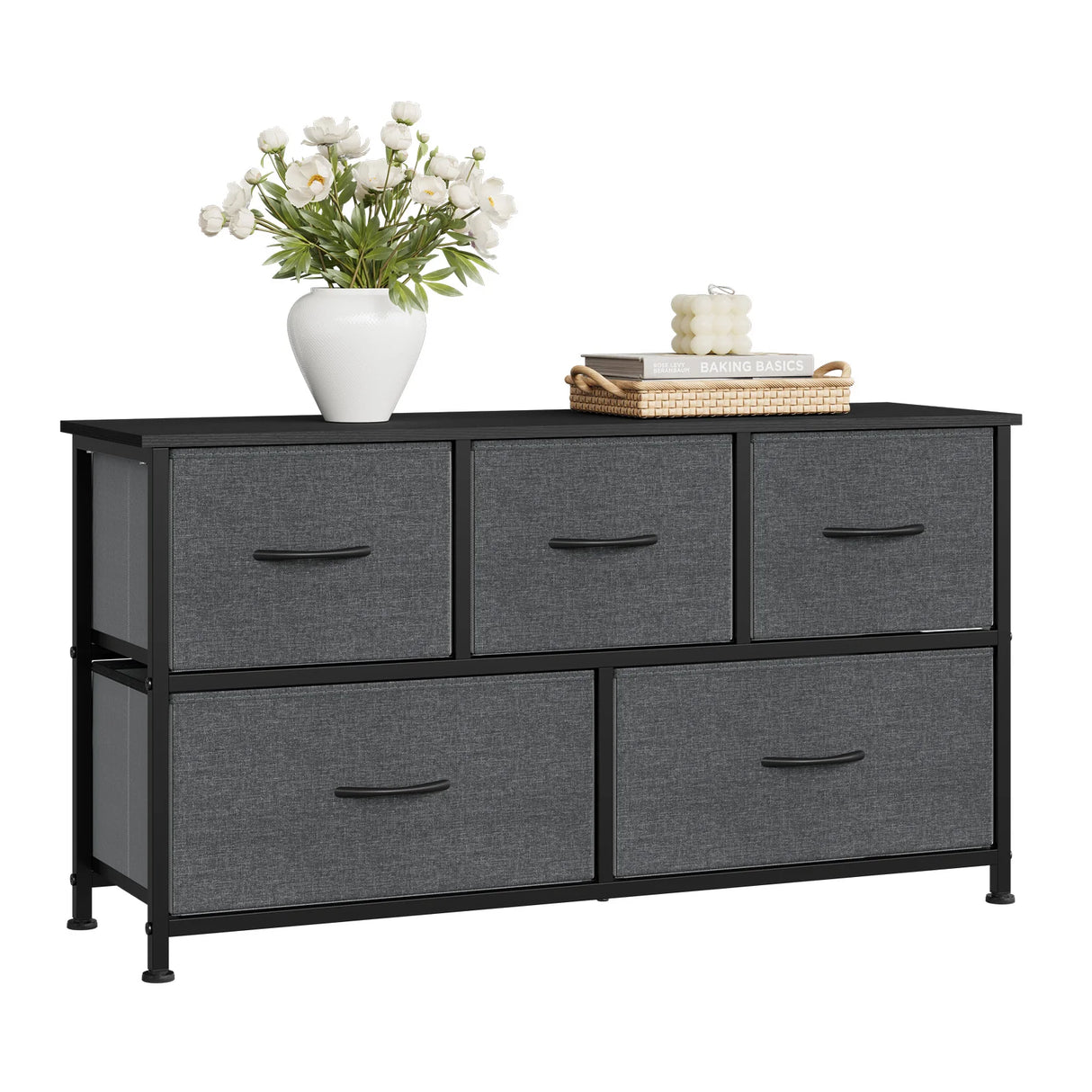 BukkitBow ladekast met 5 stoffen lades, metalen frame, geschikt als TV meubel of dressoir voor woonkamer, slaapkamer of hal