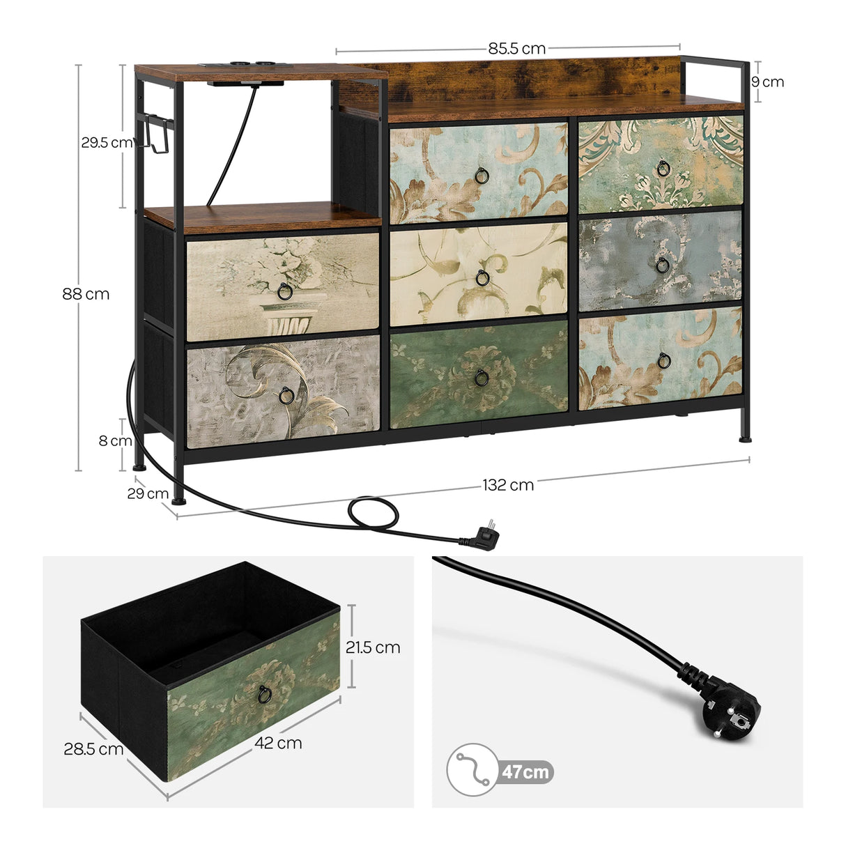 BukkitBow ladekast met 8 stoffen lades, stopcontact en USB, houten blad en metalen frame, modern op kantoor of in huis