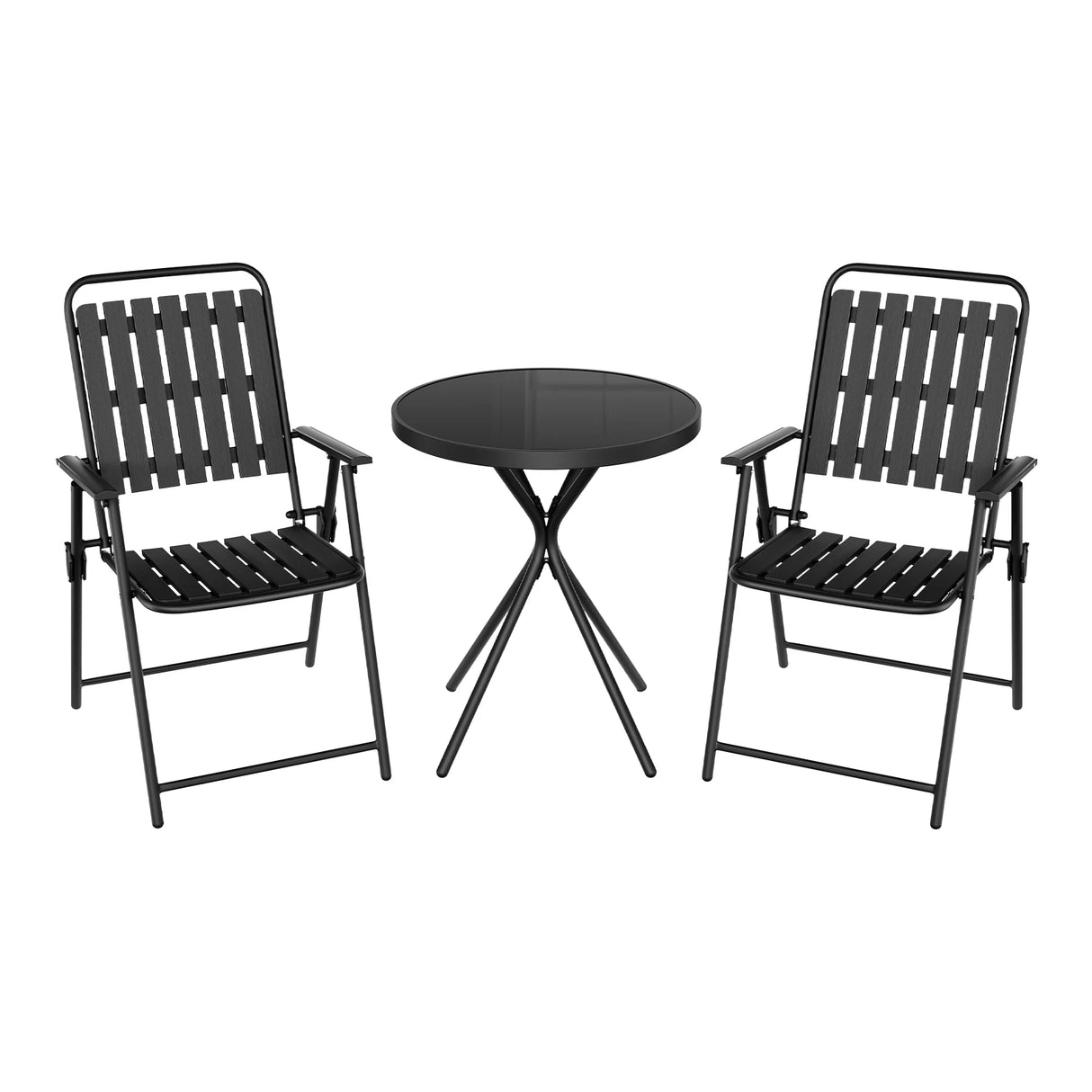 Luxe BukkitBow 3-delige bistroset met glazen tafel en klapstoelen, ideaal voor buitengebruik, modern en comfortabel design