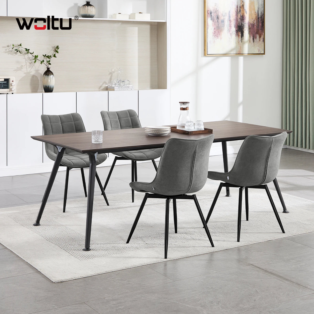 Set van 4 moderne BukkitBow luxe draaibare velvet eetkamerstoelen met gestikte details en houten poten, elegant en comfortabel.
