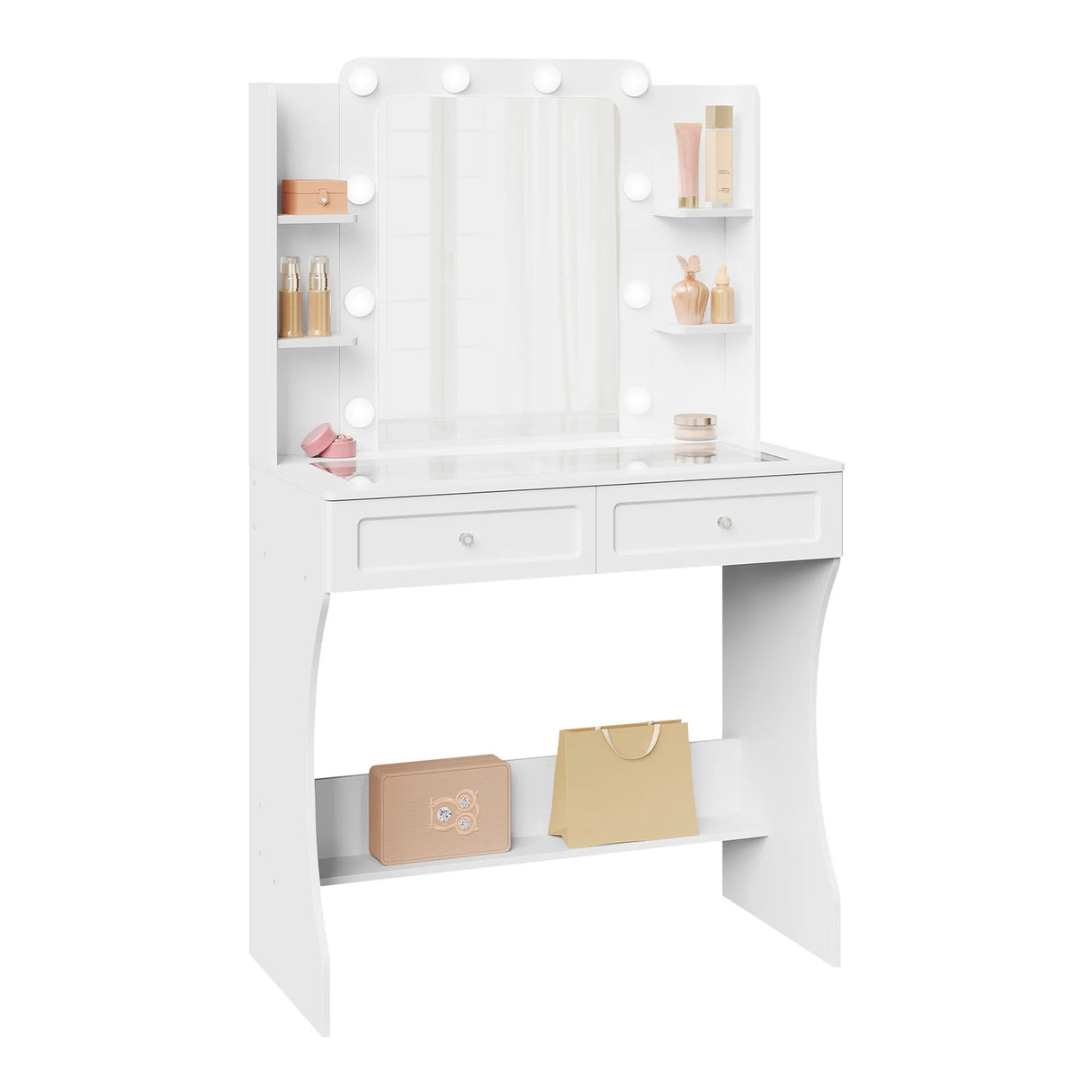 Luxe witte kaptafel van BukkitBow met glazen werkblad, LED-spiegel en stijlvolle uitstraling.